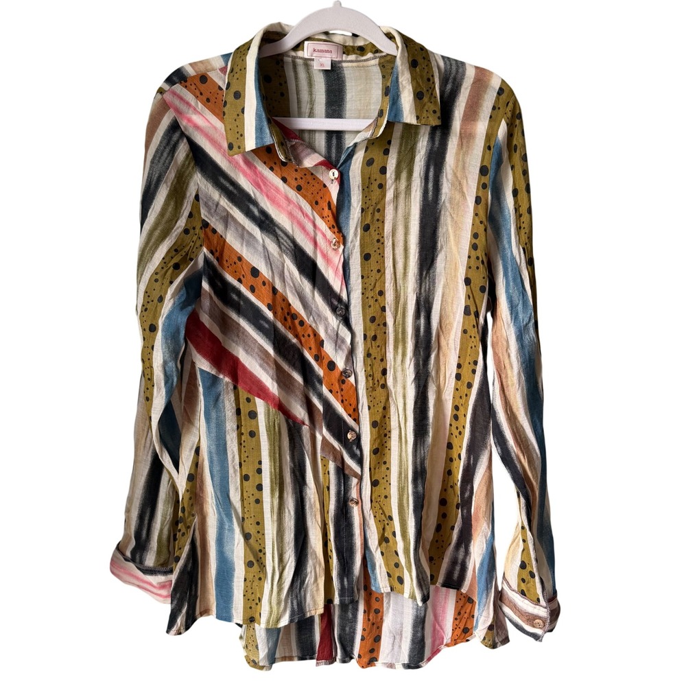 Kamana Long Sleeve Button Down Shirt Stripes Rayon Art To Wear Boho Size XL